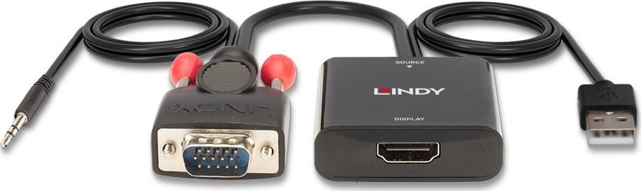Konvertues video Lindy VGA në HDMI, audio stereo, Full HD 1080p, i zi