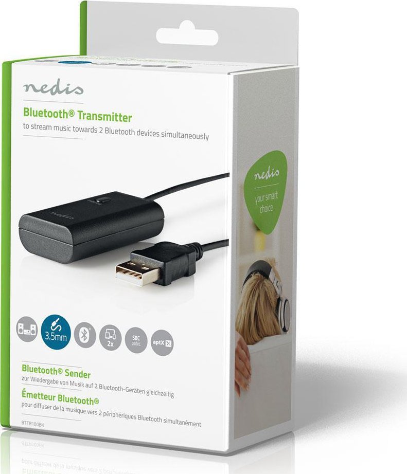 Transmetues Bluetooth Nedis BTTR100BK, hyrje 3.5 mm, aptX Low Latency, i zi