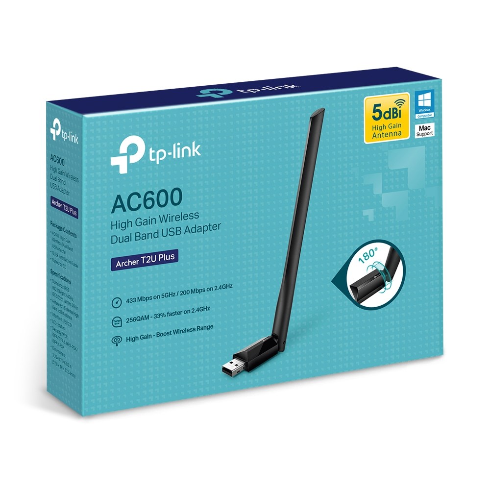 Përshtatës WiFi USB TP-Link Archer T2U Plus, AC600, Dual Band, 5dBi, i zi