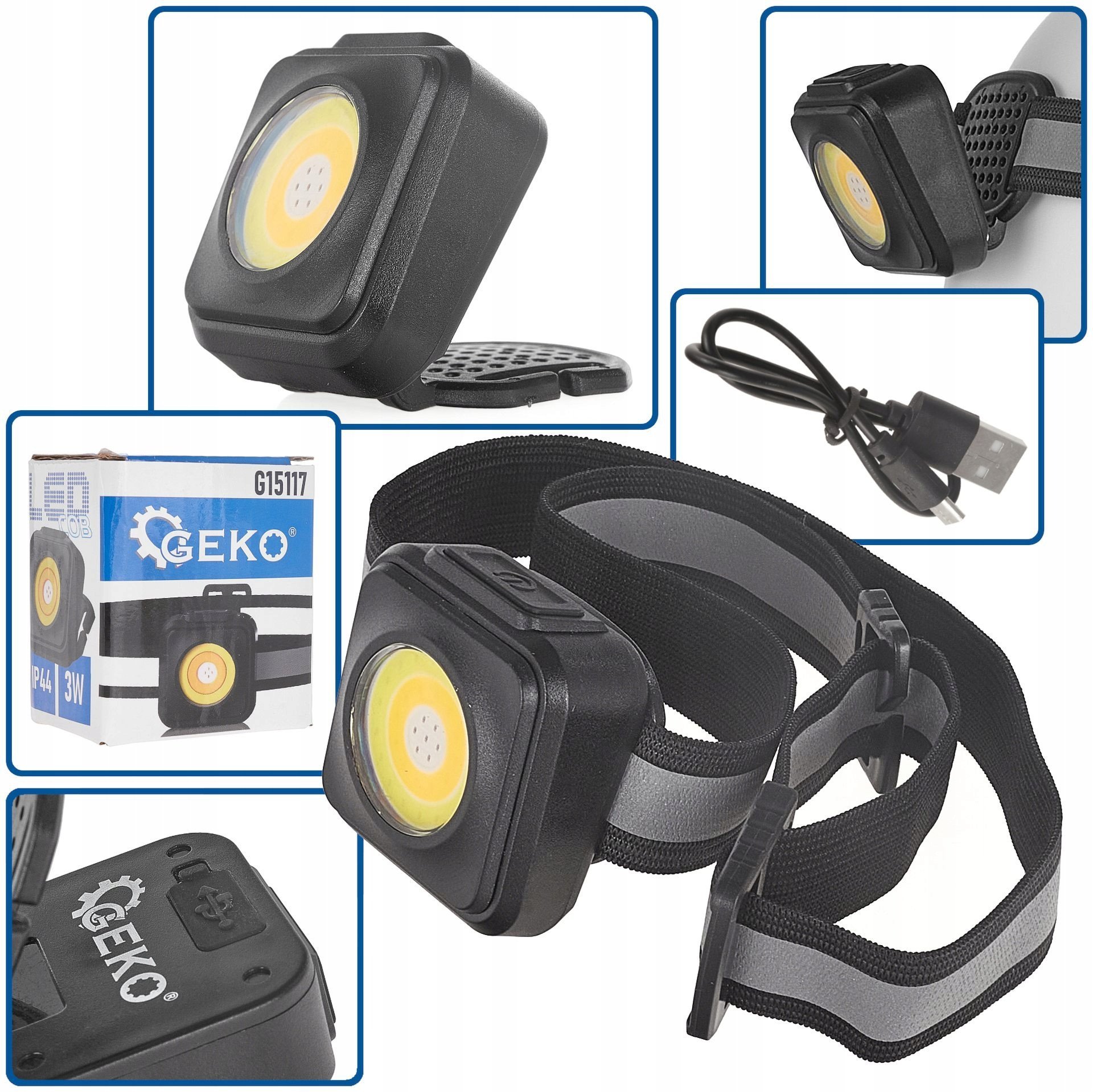 Fener koke GEKO Shockproof Headlamp, LED COB, i karikueshëm USB, i zi