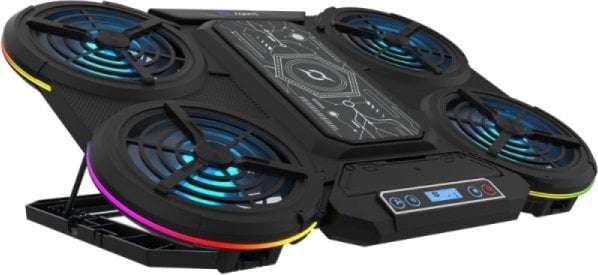 Ладилна подлога за лаптоп Aqirys, моќни и тивки вентилатори, RGB LED осветлување, црна