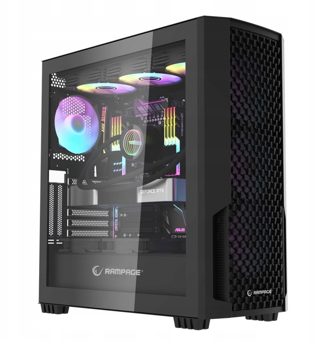 Kути за компјутер Rampage Shelob Mid Tower, 4 ARGB ладици, калено стакло, црна