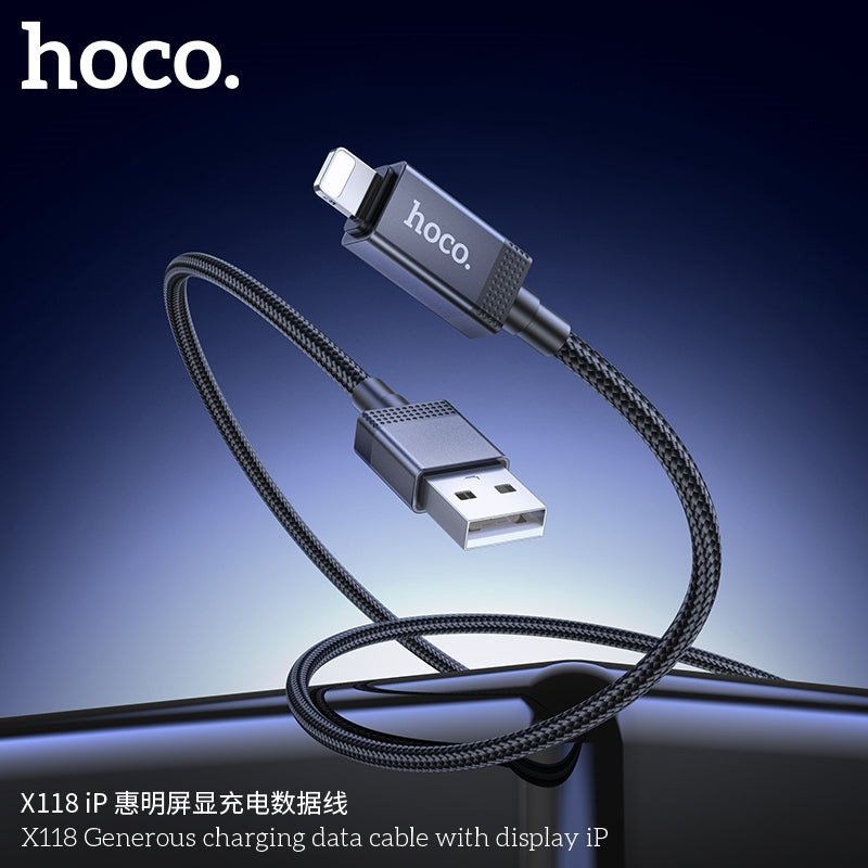 Kabllo USB Hoco X118, USB A në Lightning, 1m, me ekran, e zezë