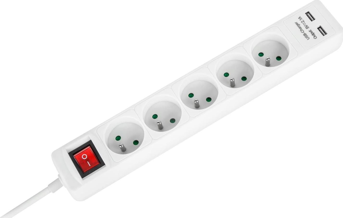 Prizë zgjatuese Rebel Electro URZ3203-3, 5 dalje, 2x USB 2.1A, 3 m, e bardhë