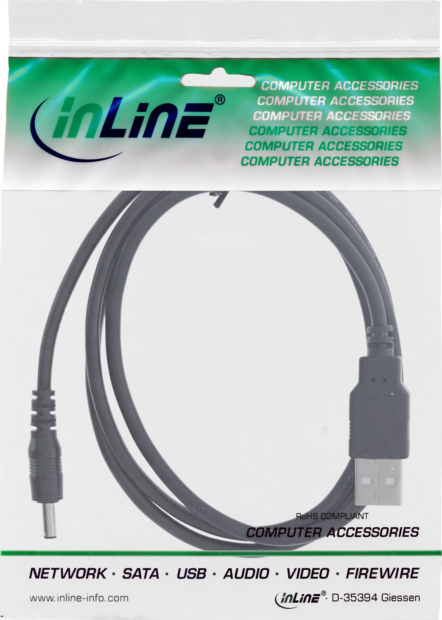 Кабел за напојување InLine 26806C, УСБ А во ДЦ 3.5 x 1.35 mm, 3 A, 3 m, црн