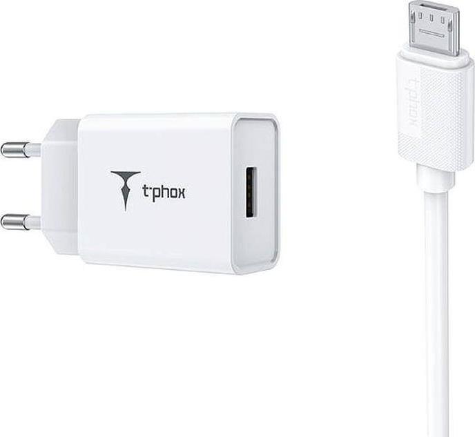 Karikues prizë T-Phox Mini EU, 1x USB A 2.4A, me kabllo Micro USB 1.2m, i bardhë