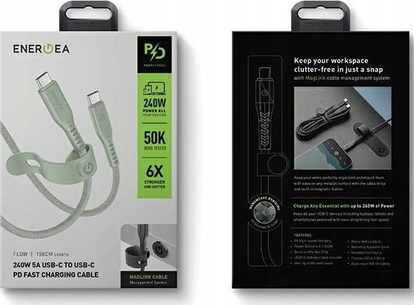 Kabllo USB C Energea Flow, 1.5m, 240W 5A PD, jeshile