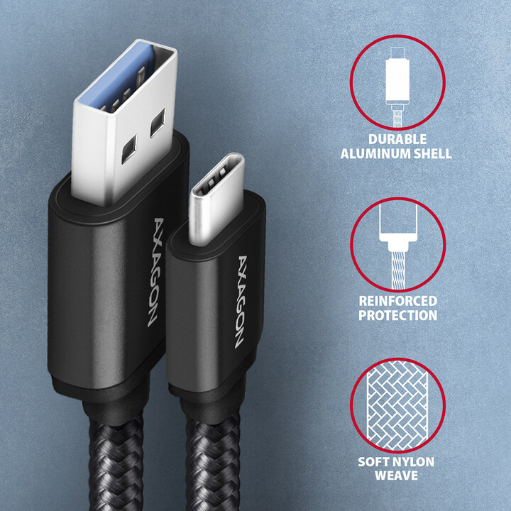 AXAGON кабел USB-A - USB-C SPEED USB3.2 Gen 1, 3A, плетенка, 2m, црна