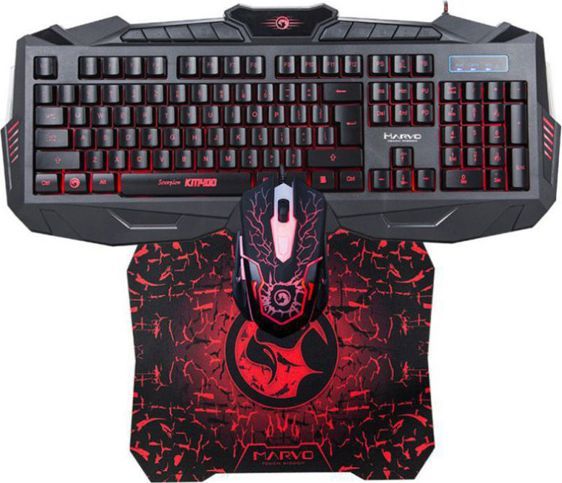 Set gaming Marvo KM400, tastierë USB me ndriçim, maus gaming me mousepad, i zi