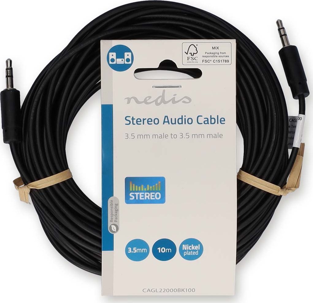 Аудио стерео кабел Недис, 3,5 мм машки на 3,5 мм машки, 10 м, црн