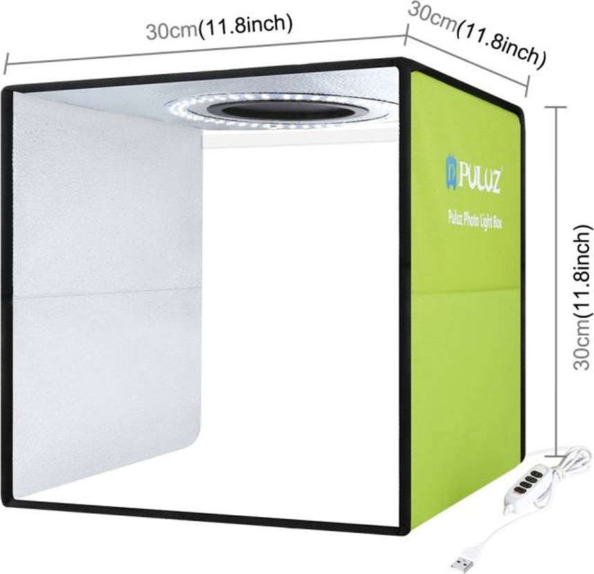 Tendë fotografike Puluz PU5032G, 30x30x30 cm, ndriçim LED, e bardhë