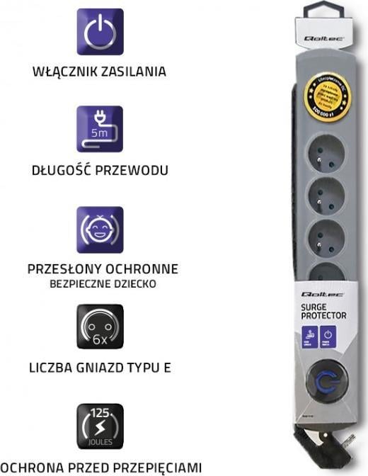 Shirit zgjatues Qoltec, 6 priza, 5m, gri