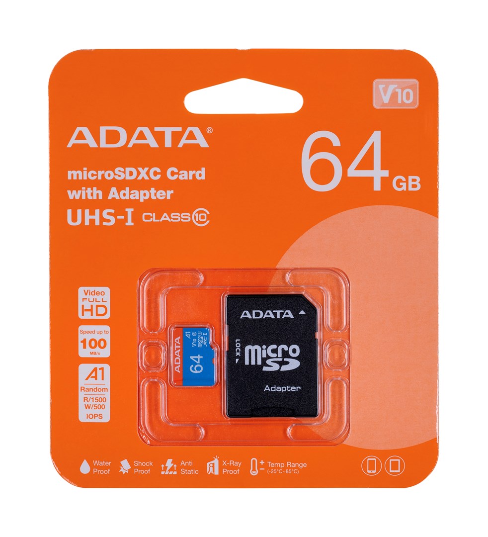 Мемориска картичка ADATA, MicroSDHC, 64 GB, Class 10 + SD адаптер