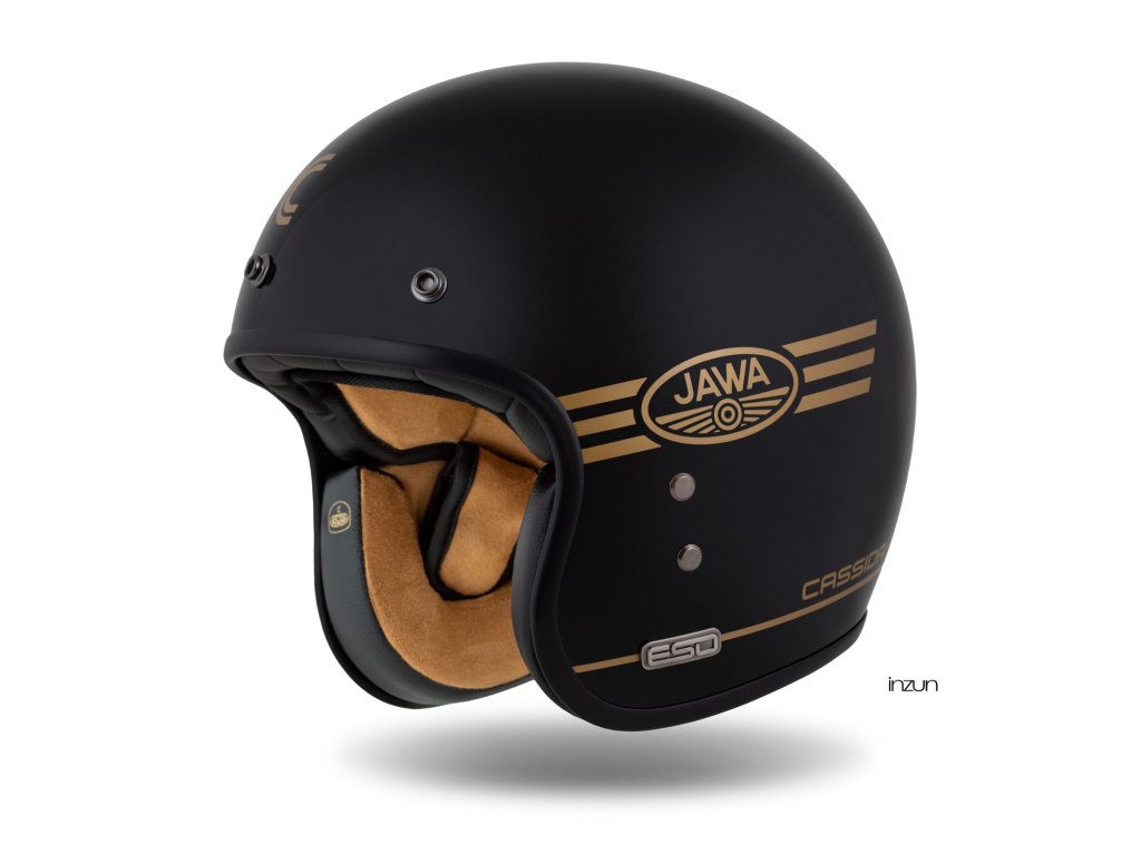 Helmetë moto CASSIDA ESO Jawa Pérák 2026, fibra xhami, black pearl gold