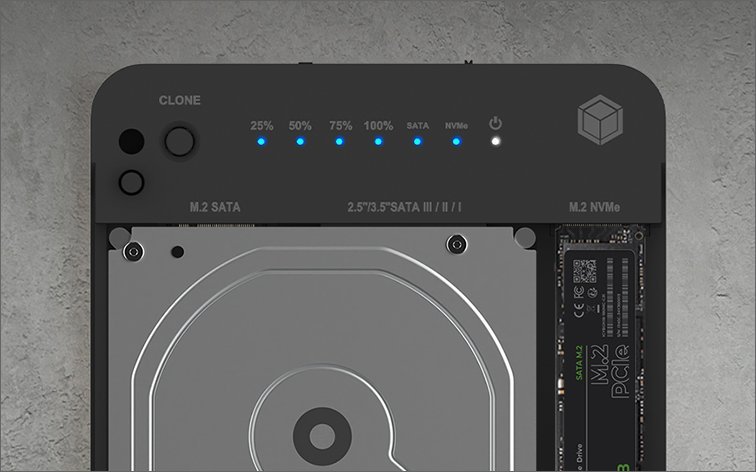 Stacion klonimi Icy Box IB-2915MSCL-C31, USB 3.2 Gen 2, për SSD M.2 NVMe dhe HDD 2.5"/3.5", gri
