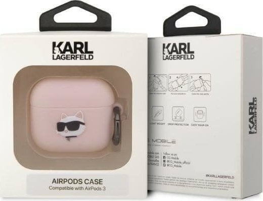 Kësë Karl Lagerfeld KLA3RUNCHP për Apple AirPods 3, silikon, koleksioni Choupette Head 3D, rozë