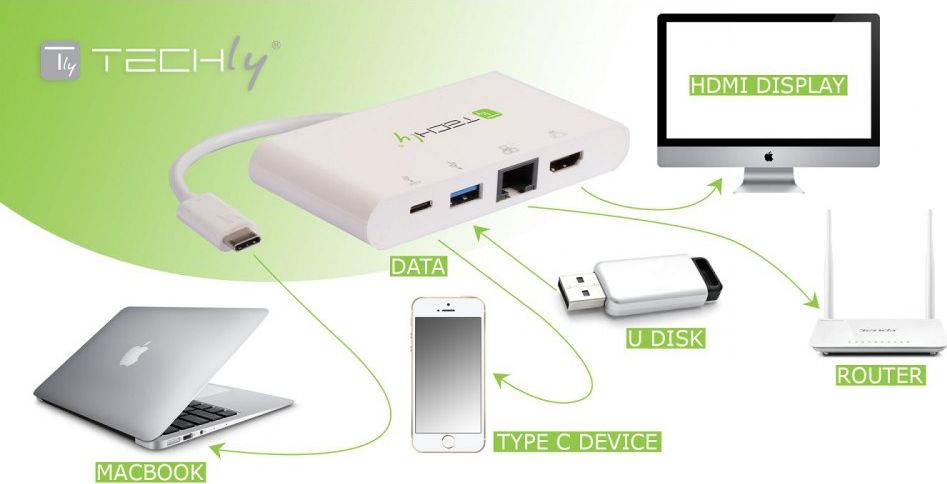 Adapter USB C Techly 3.1, HDMI RJ45 USB A 3.0, gri