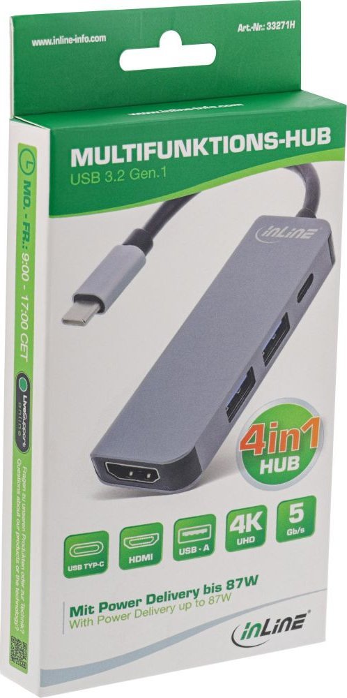 Hub USB InLine Multihub, USB 3.2 Gen 1, HDMI 4K, USB Type C, gri