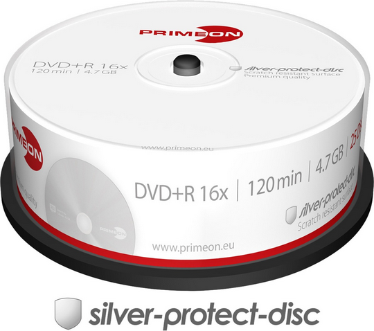 Disk DVD+R Primeon 2761223, 4.7GB, 25 copë spindle, sipërfaqe silver matte