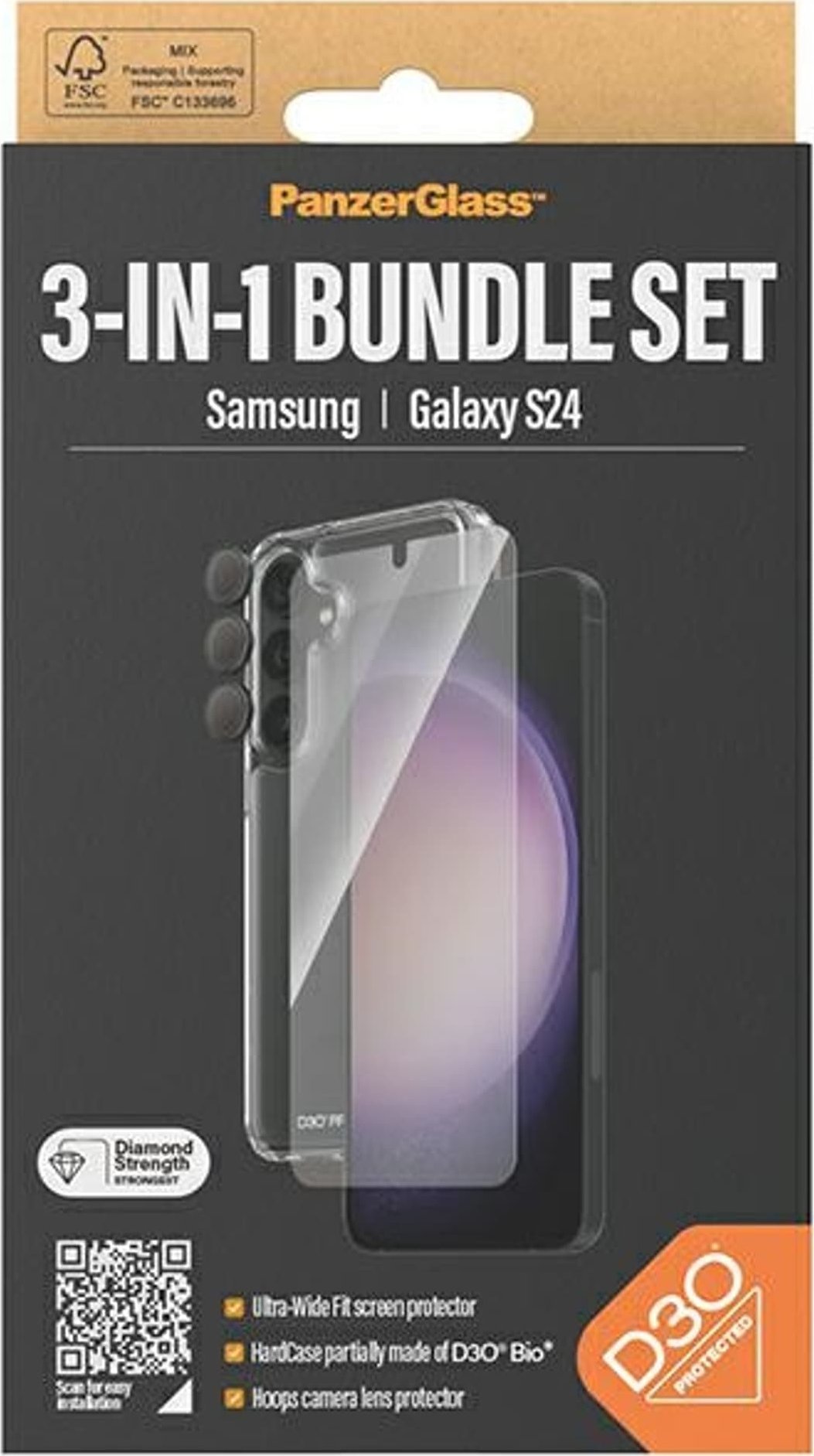 Заштитен сет PanzerGlass 3 во 1 за Samsung Galaxy S24, стакло за екран, заштита за камера и капак, проѕирен