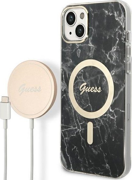 Set aksesorësh Guess GUBPP14SHMEACSK, mbrojtëse iPhone 14 Hardcase MagSafe, karikues wireless MagSafe, e zezë
