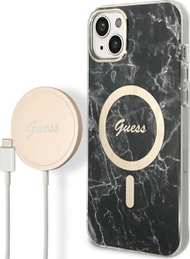 Set aksesorësh Guess GUBPP14SHMEACSK, mbrojtëse iPhone 14 Hardcase MagSafe, karikues wireless MagSafe, e zezë