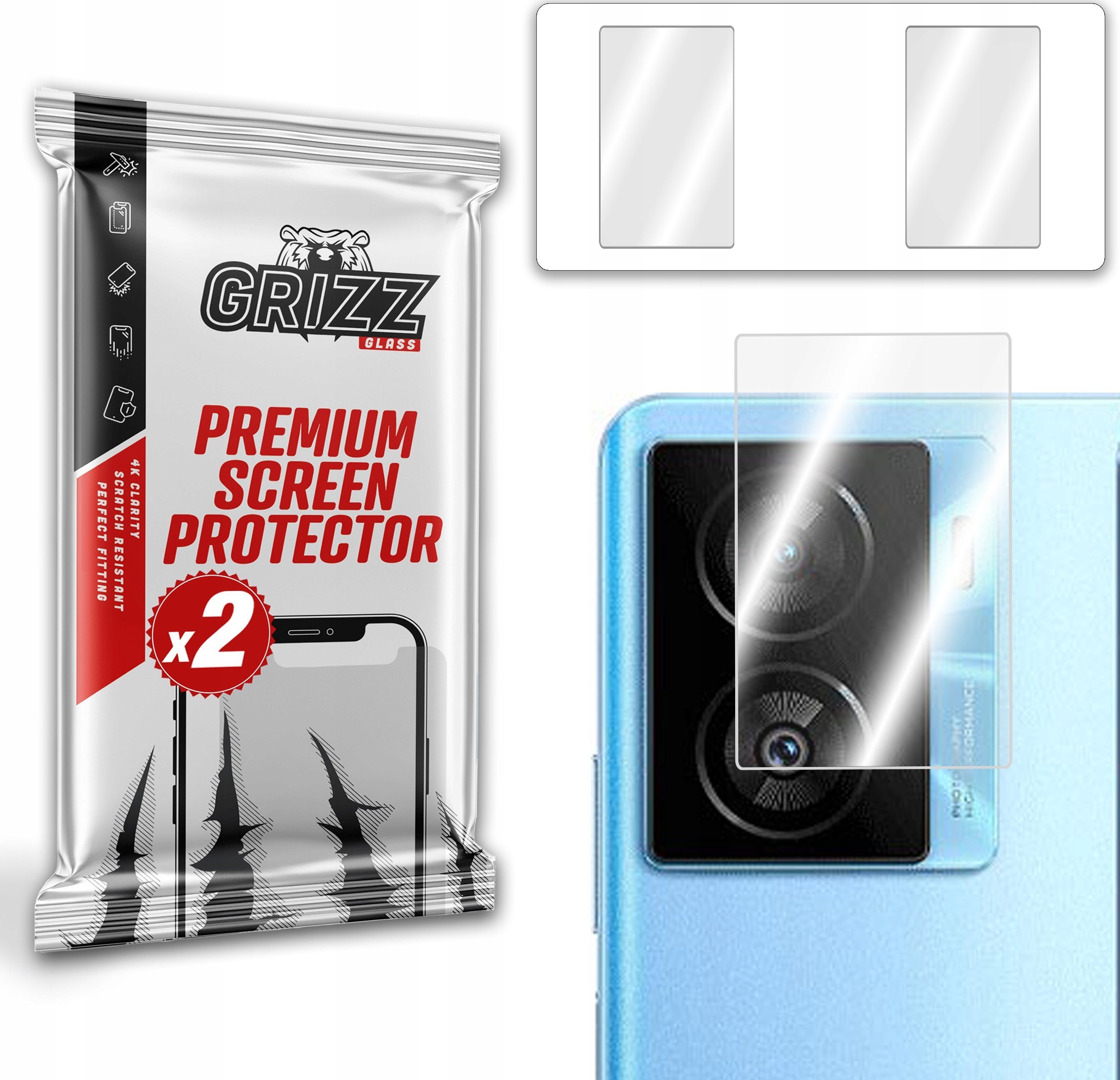 Xham mbrojtës kamerë GrizzGlass HybridGlass për vivo iQOO Z7x, paketë 2 copë, transparent