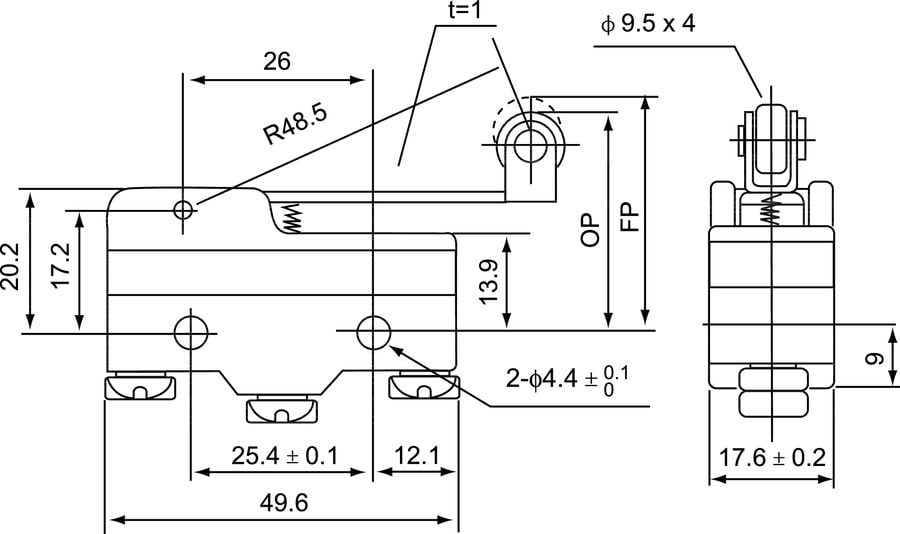 Ndërprerës limit miniaturë Spamel MS1703, levë me rrotull të gjatë, 15A
