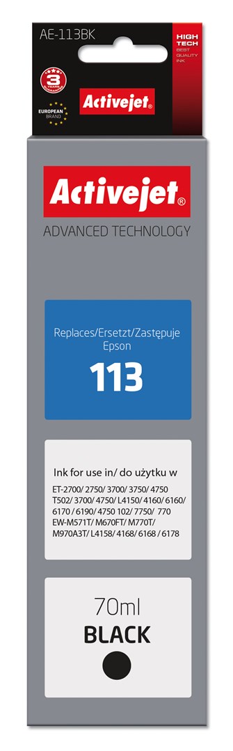 Ngjyrë për printer Activejet AE-113Bk (zëvendësim për Epson 113 C13T06B140), 70 ml, e zezë