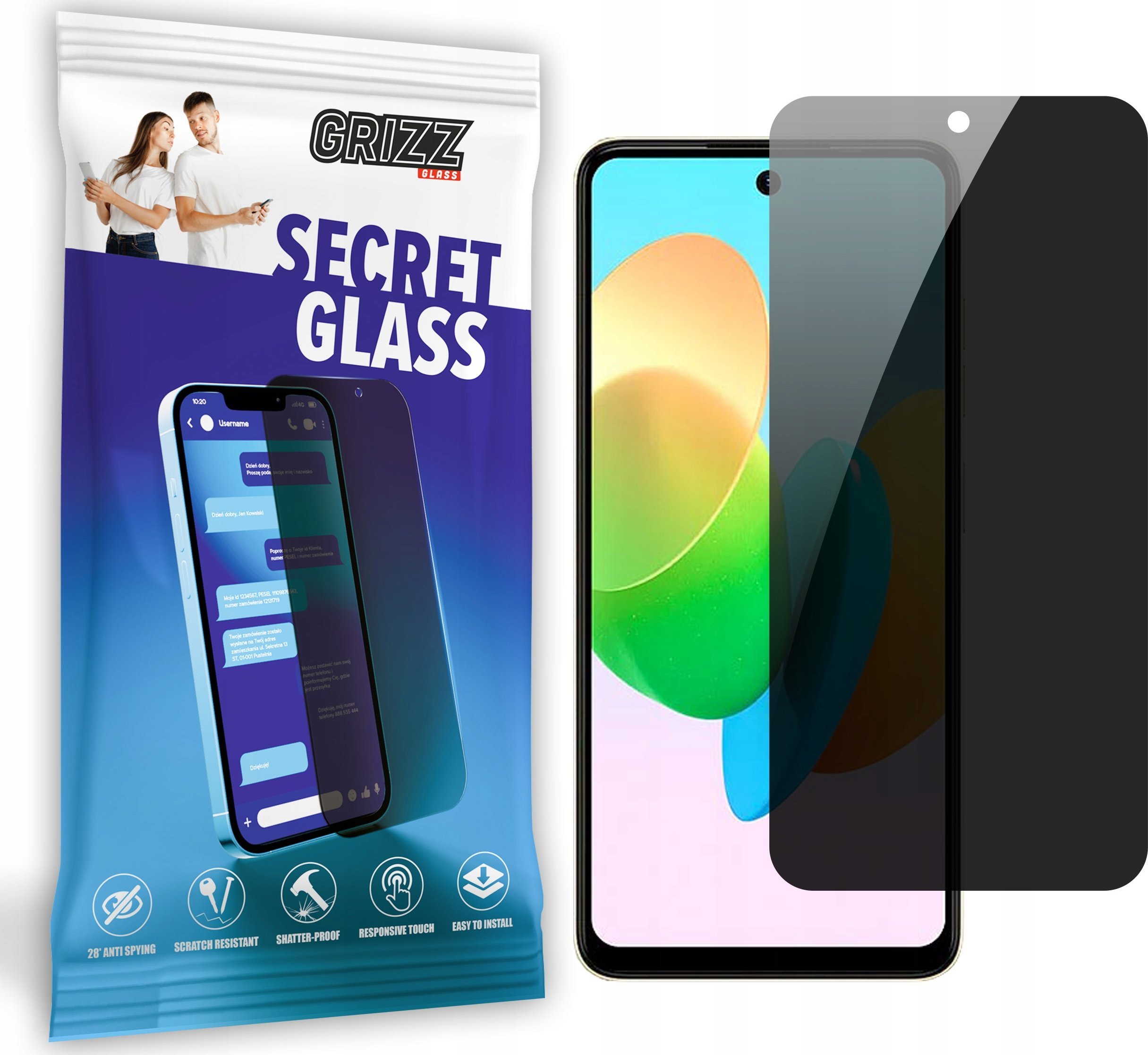 Xham mbrojtës privatësie Grizz SecretGlass për Tecno Spark 20P, qeramik, transparencë e errët