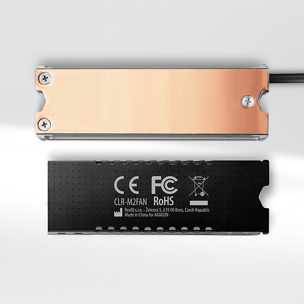 Ftohës bakri me ventilator AXAGON CLR-M2FAN për SSD të dyanshme M.2, lartësia 13 mm