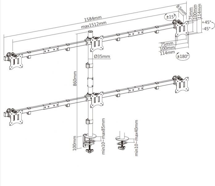 Krah tavoline për monitorë LevelOne Equip 650160, 6 monitorë 17"-32", çelik, i zi