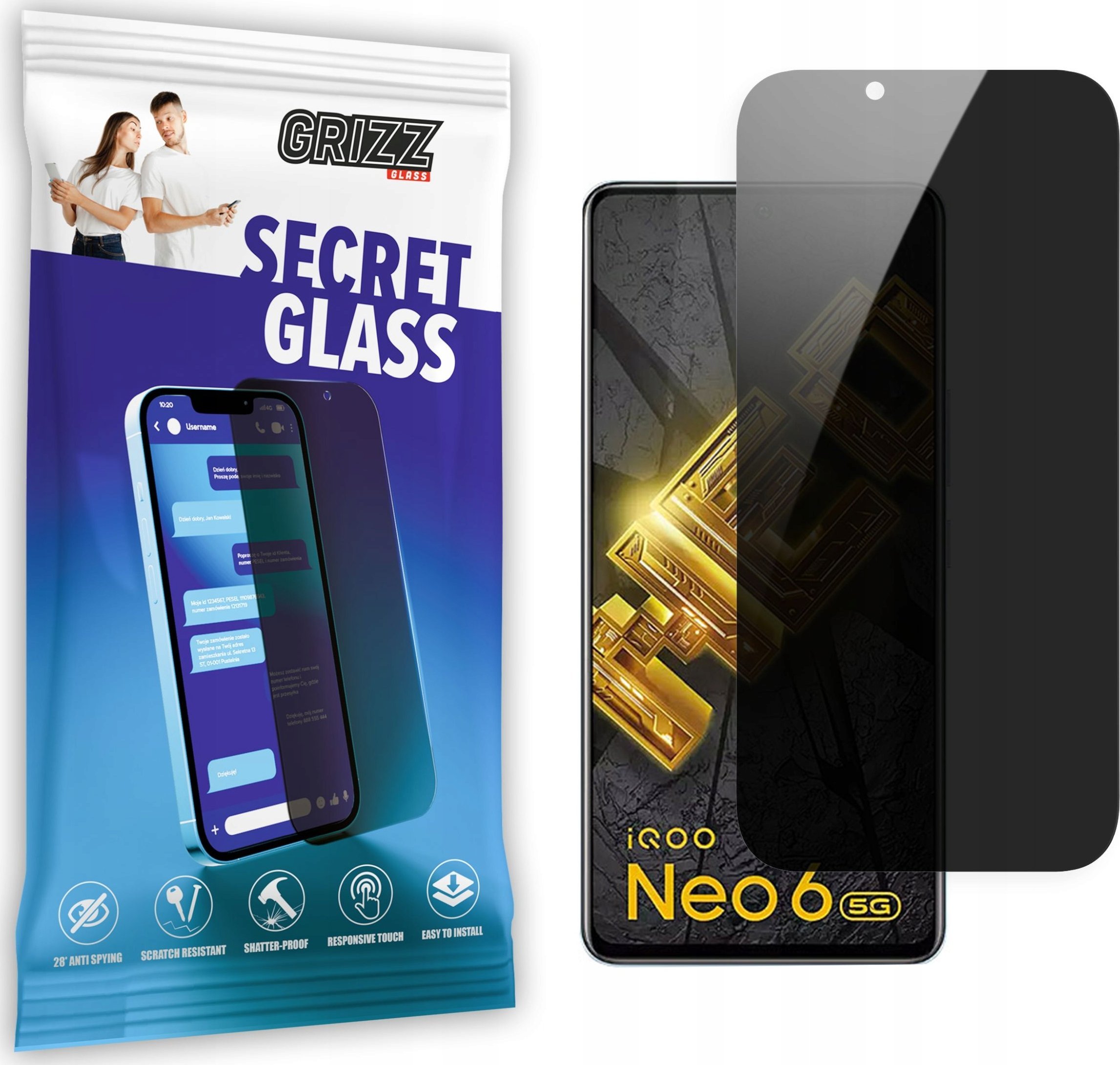 Xham mbrojtës privatësie Grizz SecretGlass për Vivo IQOO Neo 6, qeramik, i zi