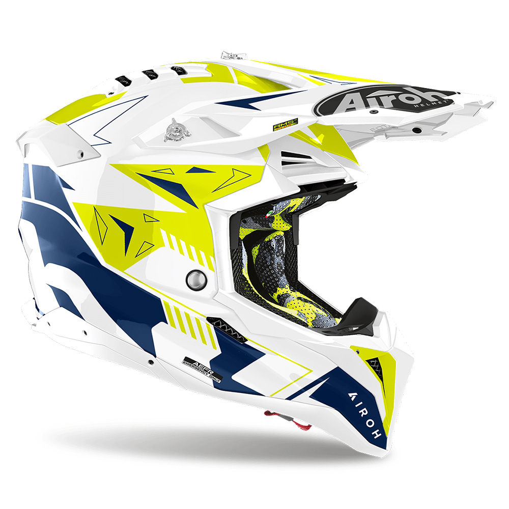 Kaska motocross Airoh Aviator 3 Spin, karbon, madhësia S, e bardhë neon e verdhë blu