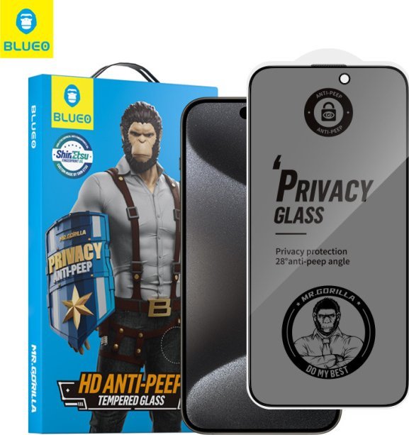 Xham mbrojtës Blueo Mr. Monkey Glass, për iPhone 16 Pro Max, Strong Privacy, i zi