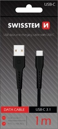 Kabllo të dhënash Swissten USB A në USB C, 1m, USB 2.0, e zezë