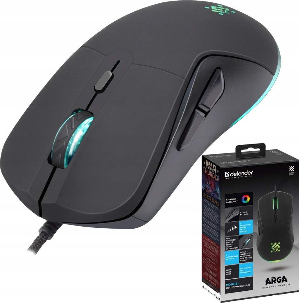 Maus gaming Defender GM-049 Arga, 3600 DPI, 6 butona, me drita LED