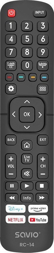 Telekomandë universale Savio RC-14 për TV Hisense, infra të kuqe, butona mekanikë, e zezë