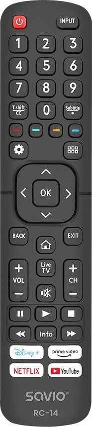 Telekomandë universale Savio RC-14 për TV Hisense, infra të kuqe, butona mekanikë, e zezë