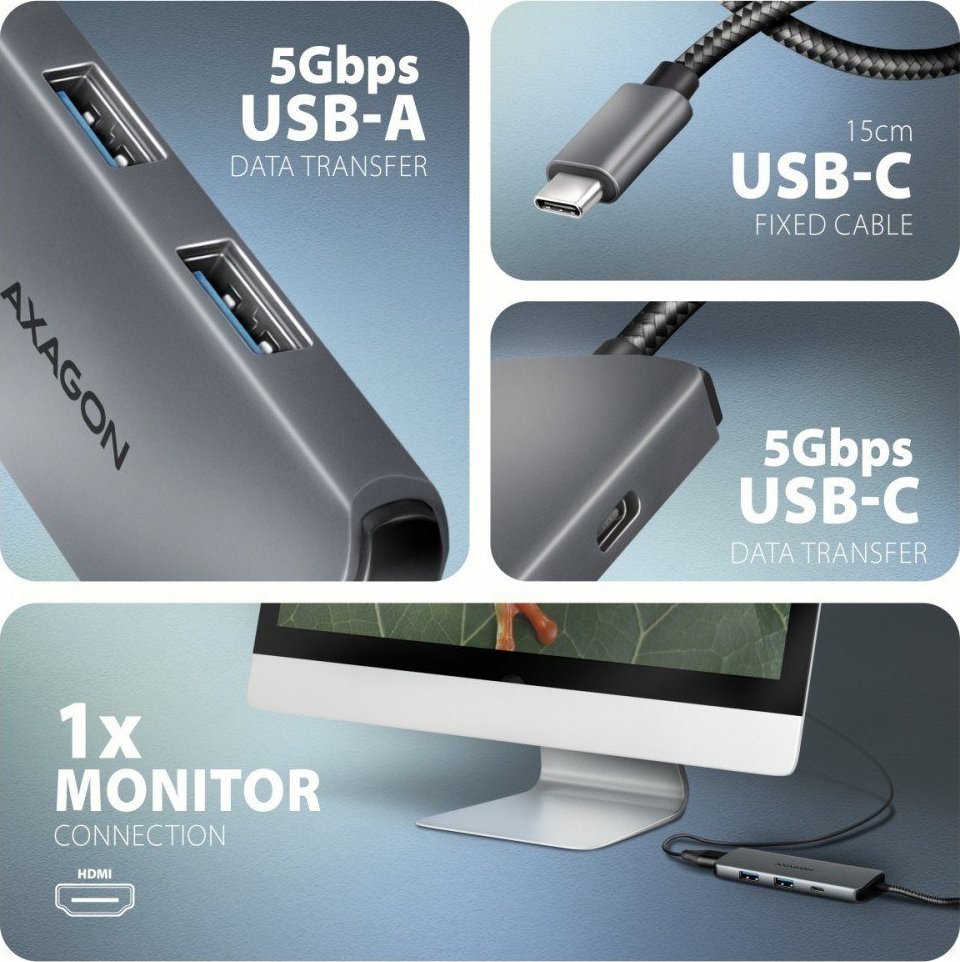 USB hub Axagon HMC-5H8K, 5 në 1, HDMI 8K, PD 100W, gri