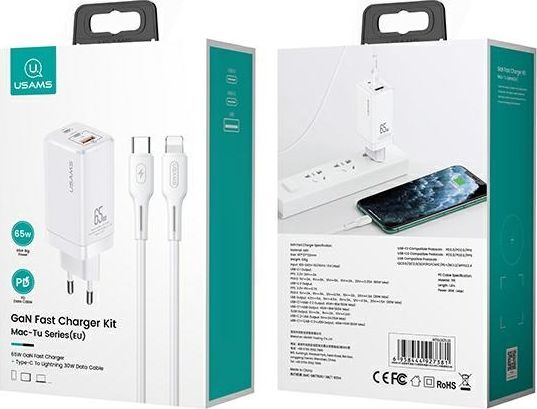 Karikues Usams MT, 1x USB-A, 2x USB-C, Lightning, 3 A, 65W, i bardhë