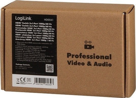 Nделач HDMI LogiLink 3x1, Full HD 1080p 60Hz, Мини, црна