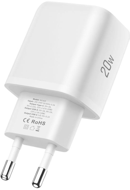 Karikues muri Tech-Protect NCA20, 20W PD QC3.0, USB-A USB-C me kabllo USB-C 100cm, i bardhë