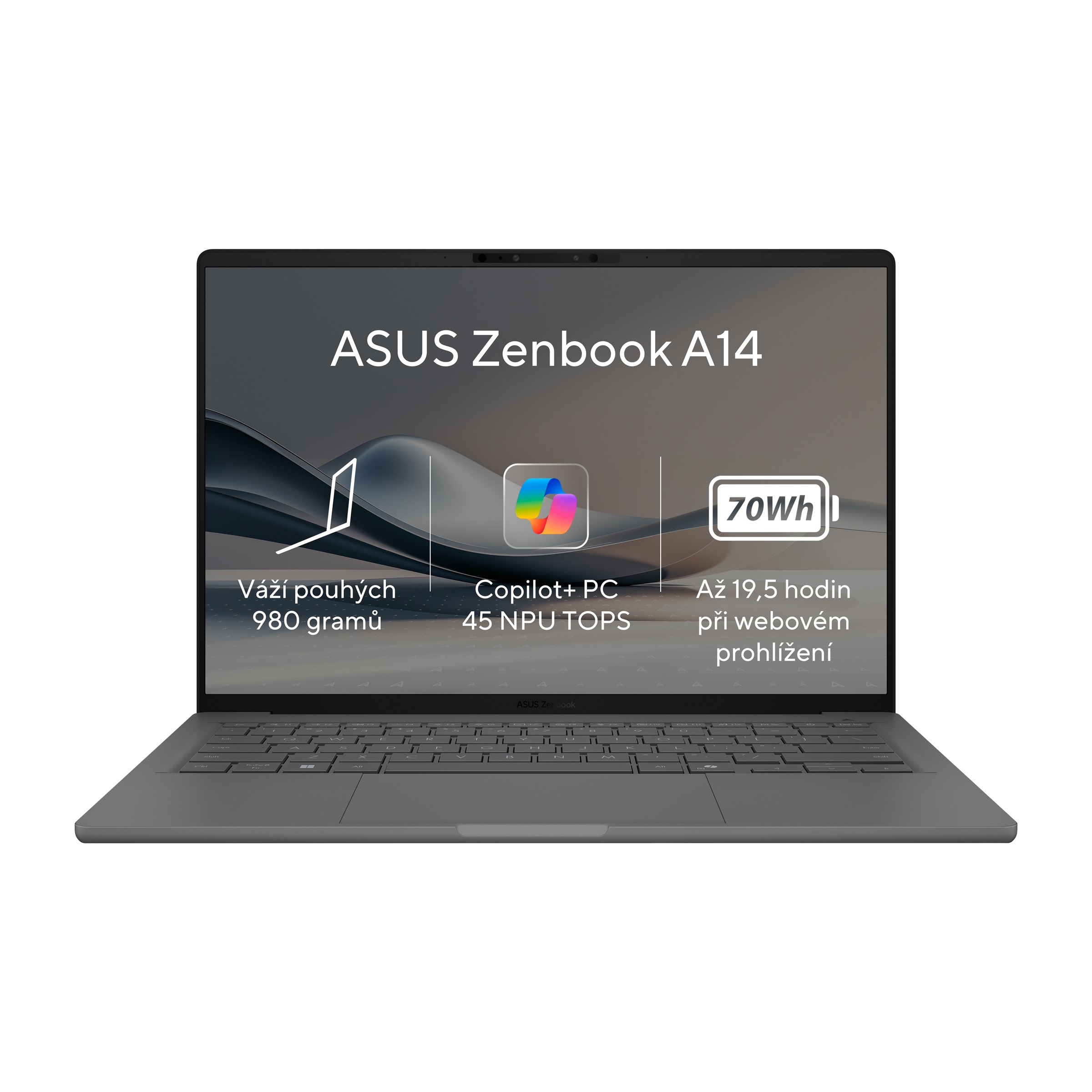 Laptop ASUS Zenbook A14, Snapdragon X Elite, 14\", 16GB RAM, 512GB SSD, сив