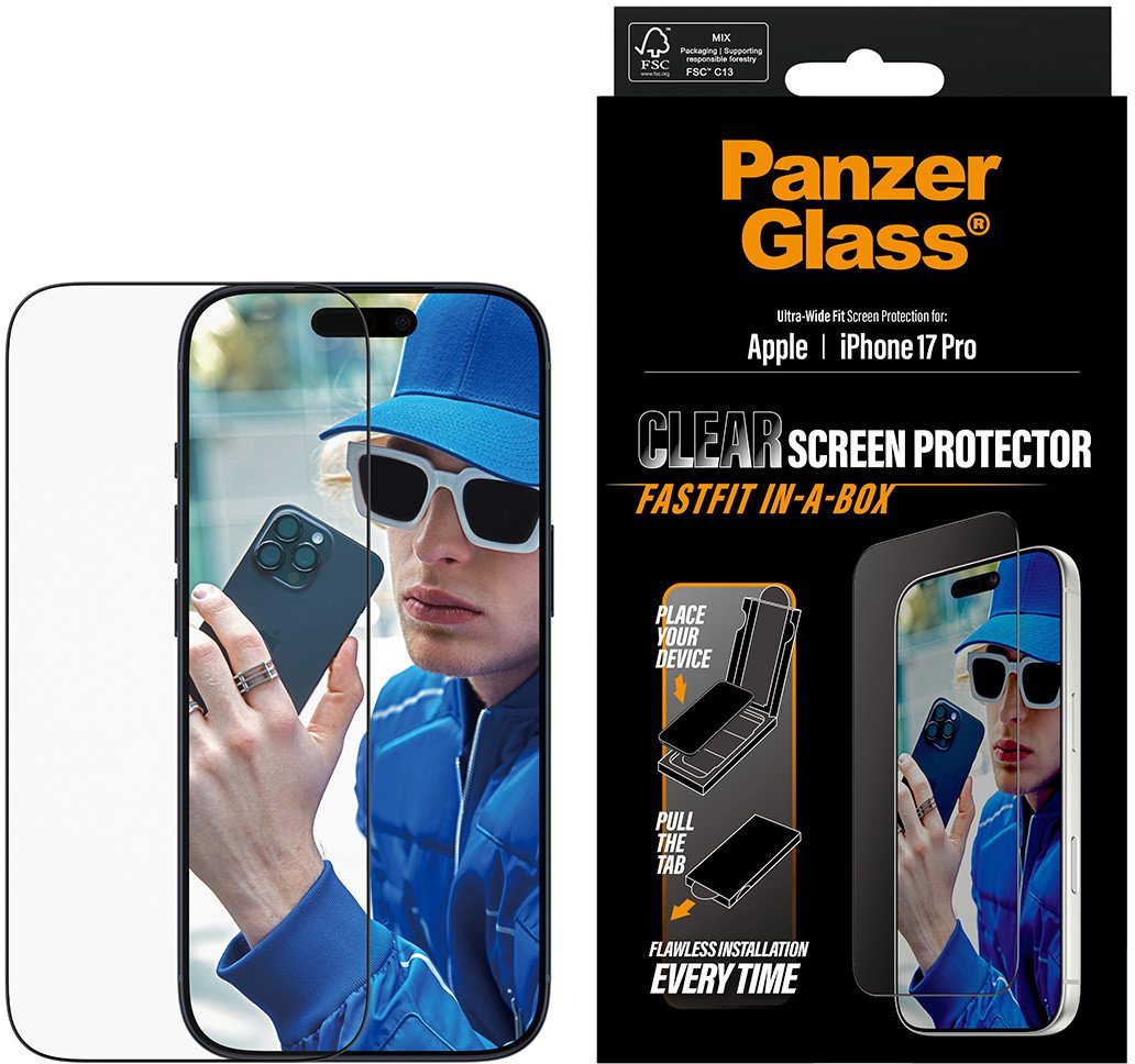 Заштита за екран PanzerGlass за iPhone 17 Pro, Ultra-Wide Fit, FASTFIT in-a-BOX, проѕирна