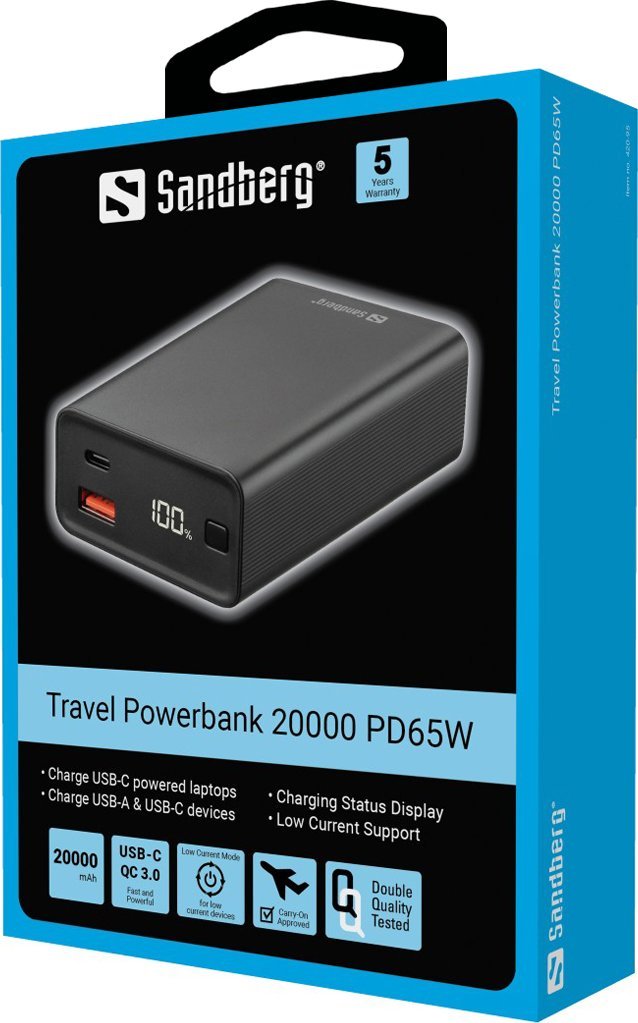 Powerbank Sandberg Travel 20000, 65W PD, 20000mAh, i zi