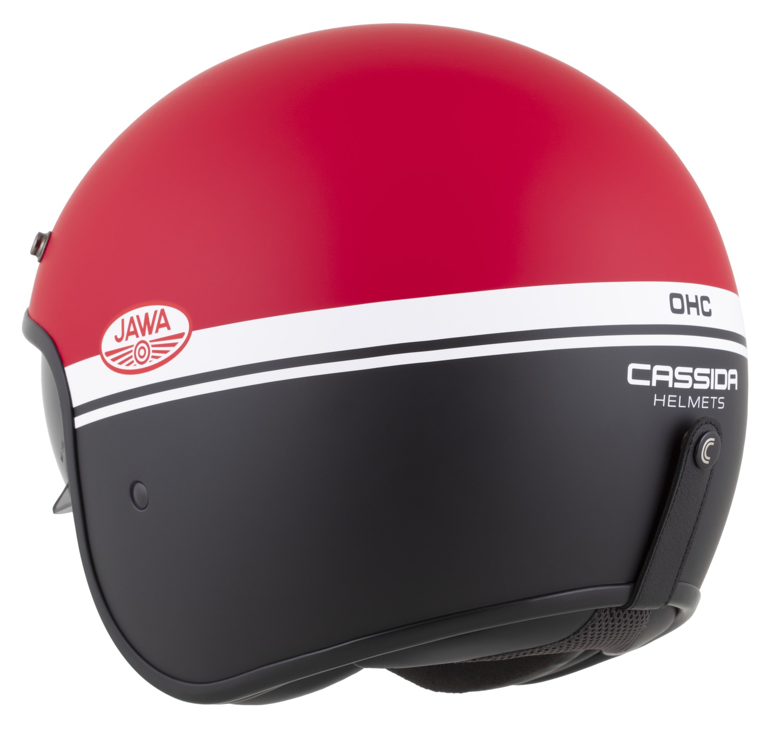 Helmetë moto CASSIDA Oxygen 2.0 Jawa OHC, polikarbonat, vizor dielli, e kuqe mat e zezë e bardhë