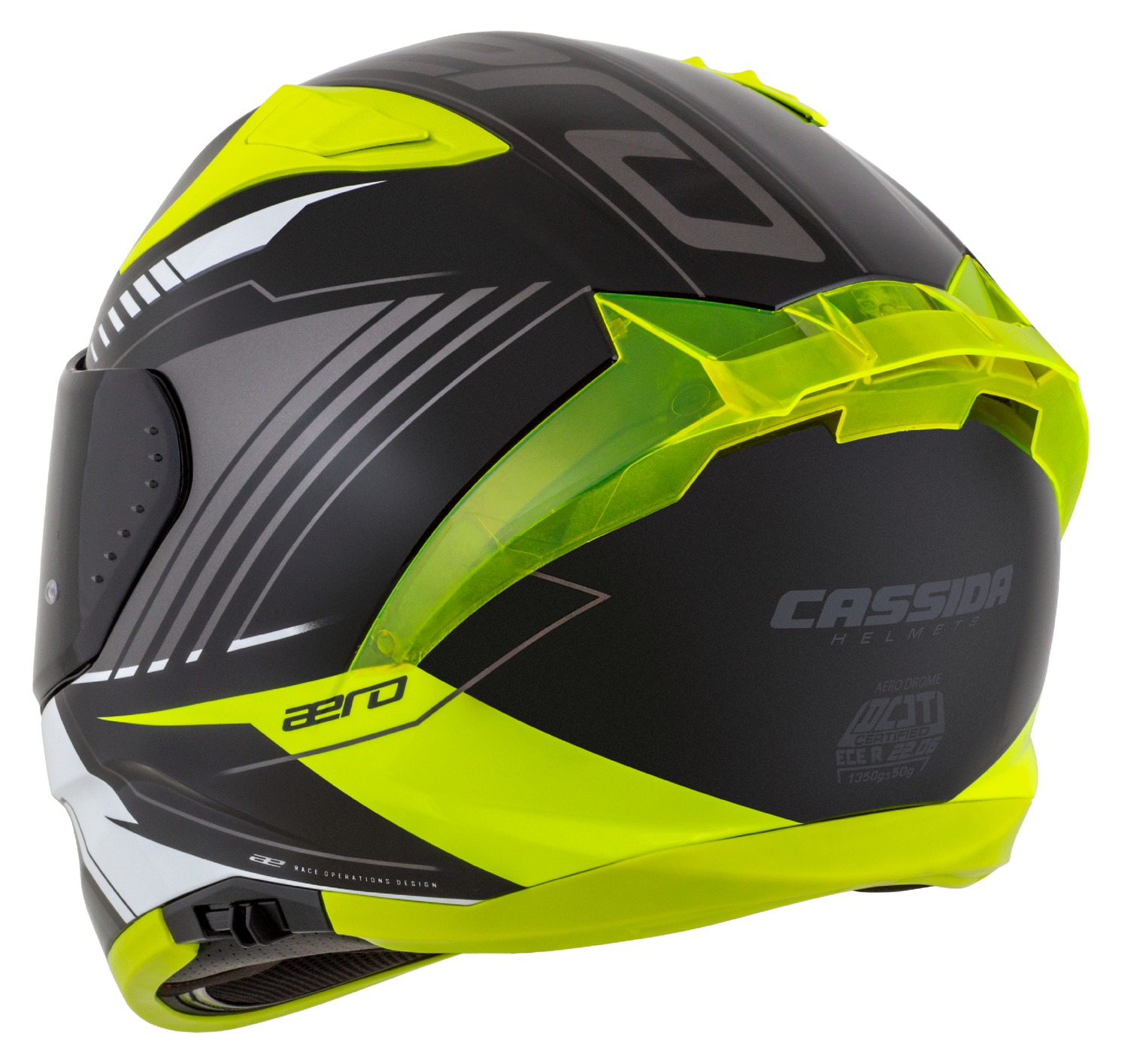 Helmë moto CASSIDA Aero Drome, integrale, me diell, e zezë verdhë fluo e bardhë gri