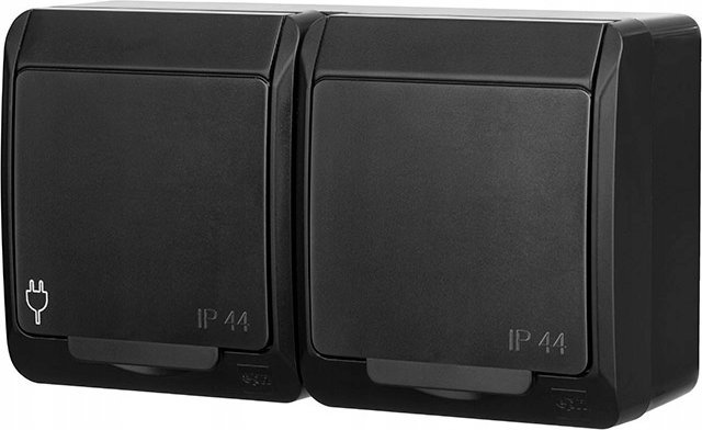 Prizë dyshe sipërfaqësore Elektro-Plast HERMES 0325-09, Schuko 2x2P+Z, IP44, e zezë