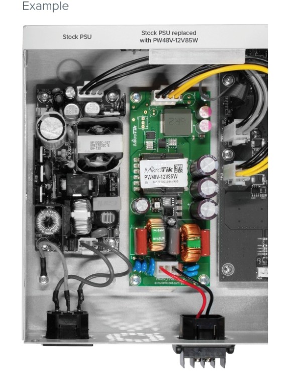 Konvertues fuqie Mikrotik PW48V-12V85W, hyrje -48 V, dalje 12 V 85 W, i gjelbër